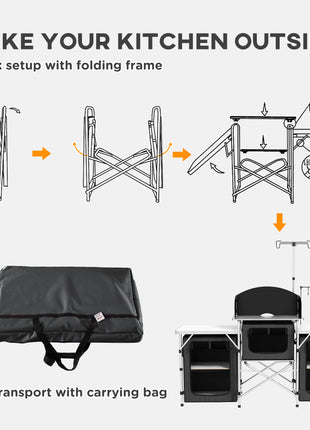 Aluminum Camping Kitchen, Portable Folding Camping Table with Fabric Cupboards, Windshield, Bag for BBQ, Picnic, Black