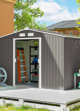 9' x 6' Outdoor Storage Shed, Garden Tool Metal Shed with Foundation Kit, Light Gray