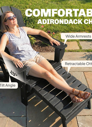 Folding Adirondack Chair Set of 2, HDPE Fire Pit Chair with Retractable Ottoman and Cup Holder, Black