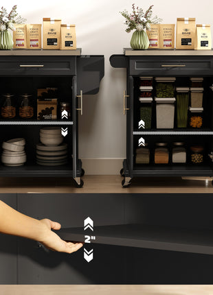 Kitchen Island on Wheels, Rolling Kitchen Cart with Stainless Steel Countertop, Drawer, Towel Rack and Spice Rack, Utility Storage Trolley, Black