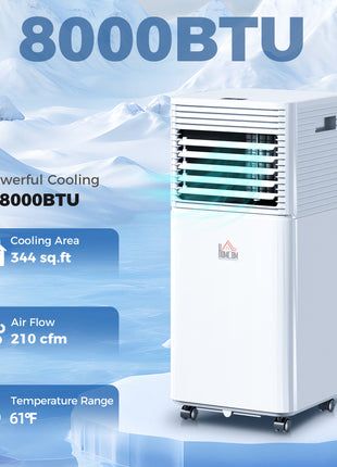 8000 BTU Mobile Air Conditioner for Cooling and Dehumidifying, Remote Control, 24H Timer, LED Display, White