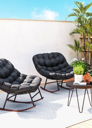 Outdoor Rocking Chair Patio Set of 2, Oversized Rocking Papasan Chairs with Cushions for Garden Porch, 265 lbs., Black