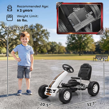 Lightweight Pedal Go Kart with Steering Wheel, Go Cart Ride on Toy with Adjustable Seat for 3+ Years, White