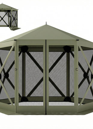 10 x 11 ft Pop Up Gazebo Screen Tent, Portable Instant Camping Canopy Screen House with Nettings, Carry Bag, Dark Green