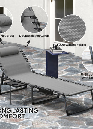 Folding Outdoor Chaise Lounge Chair Tanning Chair with 5-Level Adjustable Back, Side Table, Pillow, Pocket, Gray