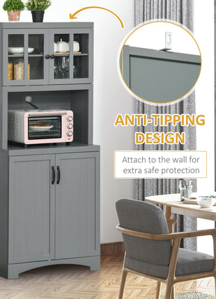 Storage Cabinet with Adjustable Shelves and Microwave Space, 70" Pantry Cabinet with Glass Framed Door, Gray