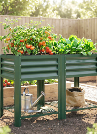 Raised Garden Bed Galvanized Steel, Elevated Planter Box with Storage Shelf, Bed Liner, 31.5" High, Green