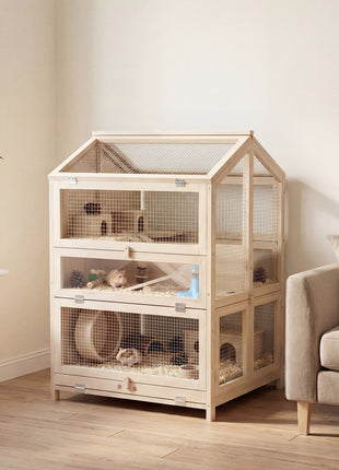 Wooden Hamster Cage, Large 3 Tier Hamster Cage w/ Pull-Out Tray, Openable Top, Hut, Seesaws, 26.8"L x 24.2"W x 35.4"H