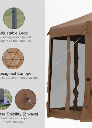 13' x 11' Hexagonal Pop Up Gazebo, Heavy Duty Outdoor Canopy Tent with 6 Mesh Sidewall Netting, 3-Level Adjustable Height and Strong Steel Frame, Brown
