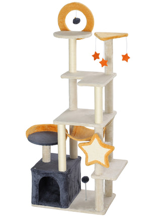 63 Inch Moon and Star Themed Cat Tree with Scratching Post, Hammock, Condo, Bed, Scratching Board & Cat Toys, Beige