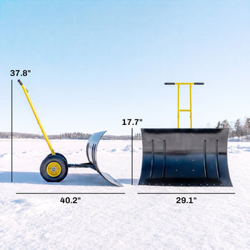 Snow Shovel with Wheels, 29" Metal Snow Pusher with Adjustable Handle, 7-Angle Blade, Wear Strip for Driveway, Yellow