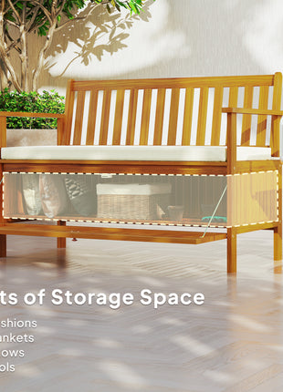 Outdoor Bench with Storage Compartment, Acacia Wood Patio Bench with Cushion, 2 Seater Garden Bench, Teak