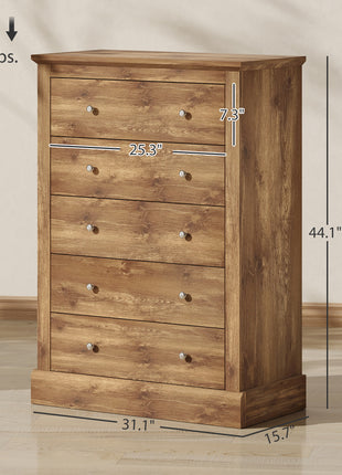 31" Wide Farmhouse Chest of Drawers with 5 Drawers, Dresser for Bedroom with Wood Top for Living Room, Brown