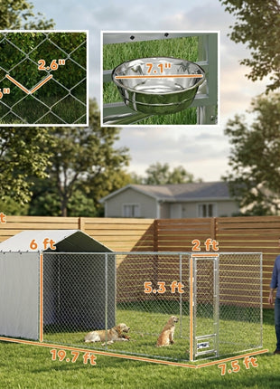 Galvanized Chain Link Large Outdoor Dog Kennel with Waterproof & UV-Resistant Cover, for M&L Dogs, 19.7' x 7.5' x 7.5'