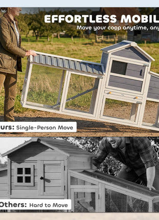 Chicken Coop with Wheels, 80" L Mobile Hen House with Run, Outdoor Wooden Chicken House with Nesting Box, Tray, Ramp