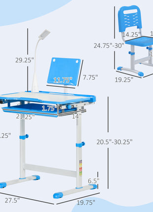 Kids Desk and Chair Set with USB Light, Storage Drawer, Blue