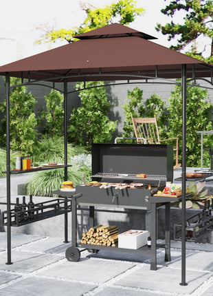 8' x 5' BBQ Grill Gazebo, 2-Tier Outdoor BBQ Gazebo with 2 Side Shelves, Storage Baskets, Ceiling Hook, Dark Brown