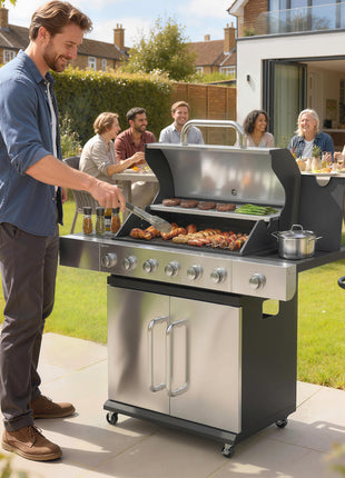 6 Burner Propane Gas Grill with Side Burner, Barbecue Grill with Cast Iron Grates, Wheels, Side Tables, Cabinet