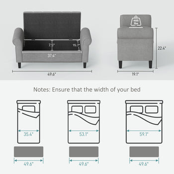 50 Inches Storage Ottoman, End of Bed Bench with Rolled Arms, Wood Legs, Button Tufted Storage Bench, Gray
