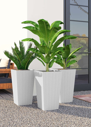 Tall Planters for Outdoor Plants Set of 3, 24 In Taper Planters with Drainage Holes, Rattan Decor Plant Pots, White