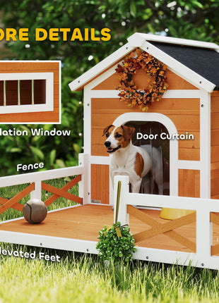Outdoor Wooden Dog House, Dog Shelter with Large Porch, Weatherproof & Openable Roof, Elevated Base, Removable Floor