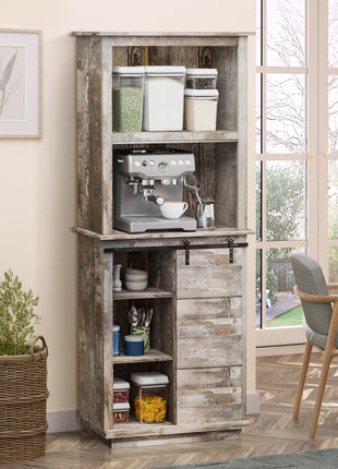 Freestanding Rustic Kitchen Buffet with Hutch, Pantry Storage Cabinet with Sliding Barn Door, Adjustable Shelf, Vintage Wood