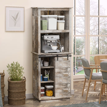 Freestanding Rustic Kitchen Buffet with Hutch, Pantry Storage Cabinet with Sliding Barn Door, Adjustable Shelf, Vintage Wood