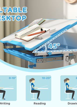 Height Adjustable Kids Desk and Chairs Set with Tilt Desktop, Storage Drawer, Pen Slot, Hook, Blue