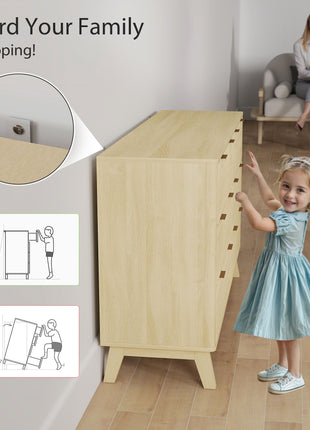 6 Drawer Double Dresser for Bedroom, Fluted Chest of Drawers with Gold Finger Pulls and 5 Wood Legs, Natural Wood