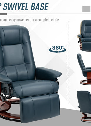 Faux Leather Manual Recliner, Adjustable Swivel Lounge Chair with Footrest, Armrest and Wrapped Wood Base for Living Room, Blue
