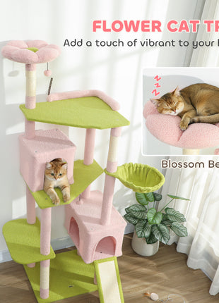 74" Flower Cat Tree, Large Cat Tower with Scratching Post & Board for Indoor Cats, Pink