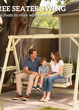3 Seat Wooden Porch Swing with Stand, Patio Swing with Cushion, for Garden, Poolside, Backyard, Natural Wood