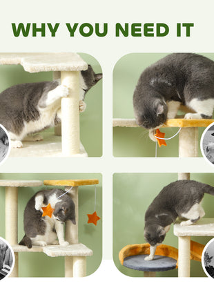 63 Inch Moon and Star Themed Cat Tree with Scratching Post, Hammock, Condo, Bed, Scratching Board & Cat Toys, Beige