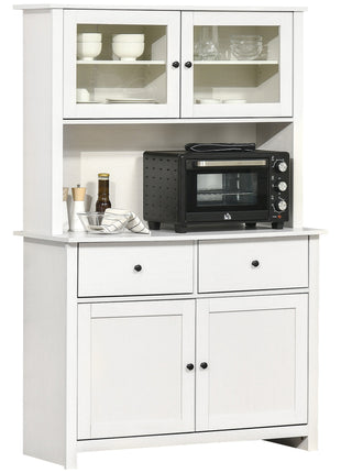 63.5" Kitchen Buffet with Hutch, Pantry Storage Cabinet with 4 Shelves, Drawers, Framed Glass Doors, Open Microwave Countertop, Antique White