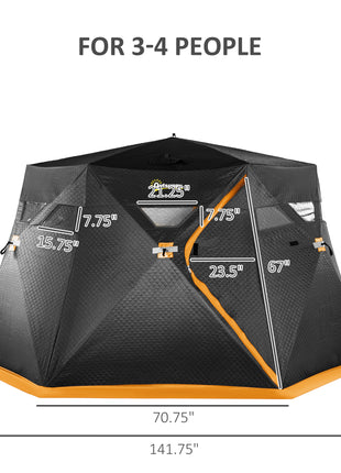 4 Person Insulated Pop-Up Ice Fishing Shelter, 360-Degree View, Portable Ice Fishing Tent Shanty with Carry Bag, Two Doors and Anchors for Low-Temp -22℉, Black and Orange
