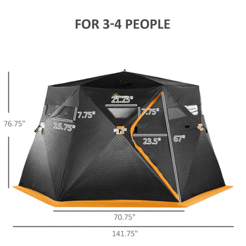 4 Person Insulated Pop-Up Ice Fishing Shelter, 360-Degree View, Portable Ice Fishing Tent Shanty with Carry Bag, Two Doors and Anchors for Low-Temp -22℉, Black and Orange