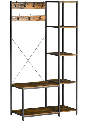 Industrial Hall Tree with Side Storage Shelves, Entryway Bench with Coat Rack, Freestanding Coat Tree with Shoe Storage and Hooks, Rustic Brown
