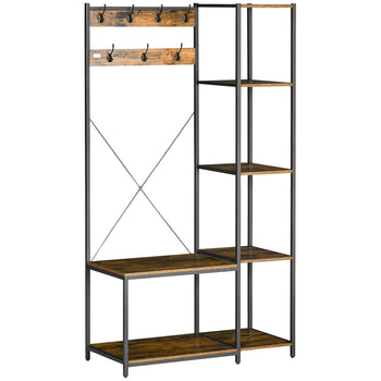 Industrial Hall Tree with Side Storage Shelves, Entryway Bench with Coat Rack, Freestanding Coat Tree with Shoe Storage and Hooks, Rustic Brown