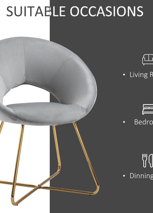 Modern Accent Velvet Chair Open Curved Mid-Back Upholstered Vanity Chair with Gold Plating Metal Legs Gray