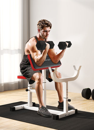 265 LBS Preacher Curl Bench for Strength Training, Adjustable Seated Arm Isolated Barbell Dumbbell Bicep Station, White