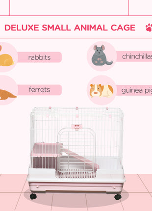 2-Level Small Animal Cage Rabbit Hutch with Wheels, Removable Tray, Platform and Ramp for Bunny, Chinchillas, Ferret, Pink