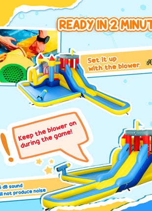 6 in 1 Inflatable Water Slide Park with Splash Pools, 2 Slides, Trampoline, Climbing Wall, Cannon, Basketball Hoop