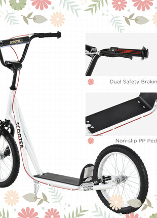 Youth Scooter Kick Scooter for Kids 5+ with Adjustable Handlebar Front and Rear Dual Brakes Inflatable Wheels, White