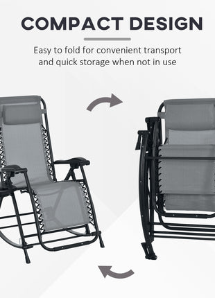 2 Outdoor Rocking Chairs Foldable Reclining Zero Gravity Lounge Rockers w/ Pillow Cup & Phone Holder, Gray