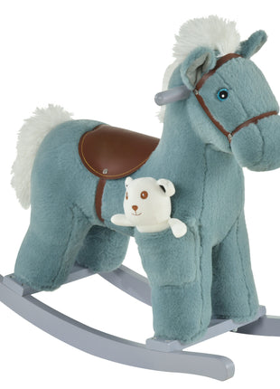 Kids Rocking Horse with Bear Toy, Plush Animal Rocker with Fun Realistic Sounds for Toddler 18-36 Months, Blue