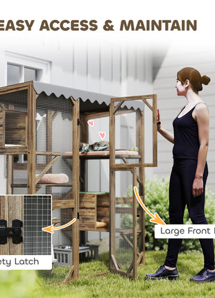 Outdoor Cat Enclosure with Window Access, 5 Platforms and 2 Resting Boxes, Waterproof Roof for Multiple Cats, Brown