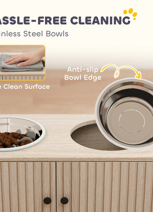 Elevated Dog Bowls with Storage Cabinet,  2 Stainless Steel Bowls, Slow Feeder, Dog Feeding Station for Large Dogs, Oak