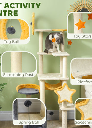 63 Inch Moon and Star Themed Cat Tree with Scratching Post, Hammock, Condo, Bed, Scratching Board & Cat Toys, Beige
