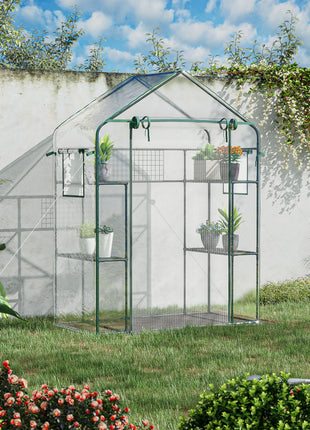 Outdoor Walk-in Mini Greenhouse with Mesh Door & Windows, Small Portable Garden Green House with 3 Tiers 6 Shelves, Trellis, & Plant Labels