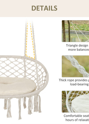 2-Person Hammock Chair Macrame Swing with Soft Cushion, Hanging Cotton Rope Chair for Indoor Outdoor Home Patio Backyard, White